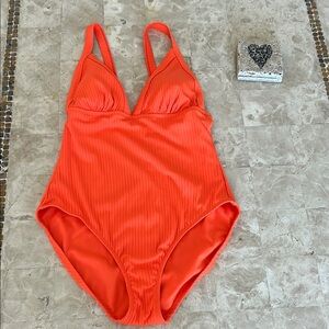 Shade &‎ Shore Bold Orange Ribbed One piece Swimsuit Women’s Size M 8-10